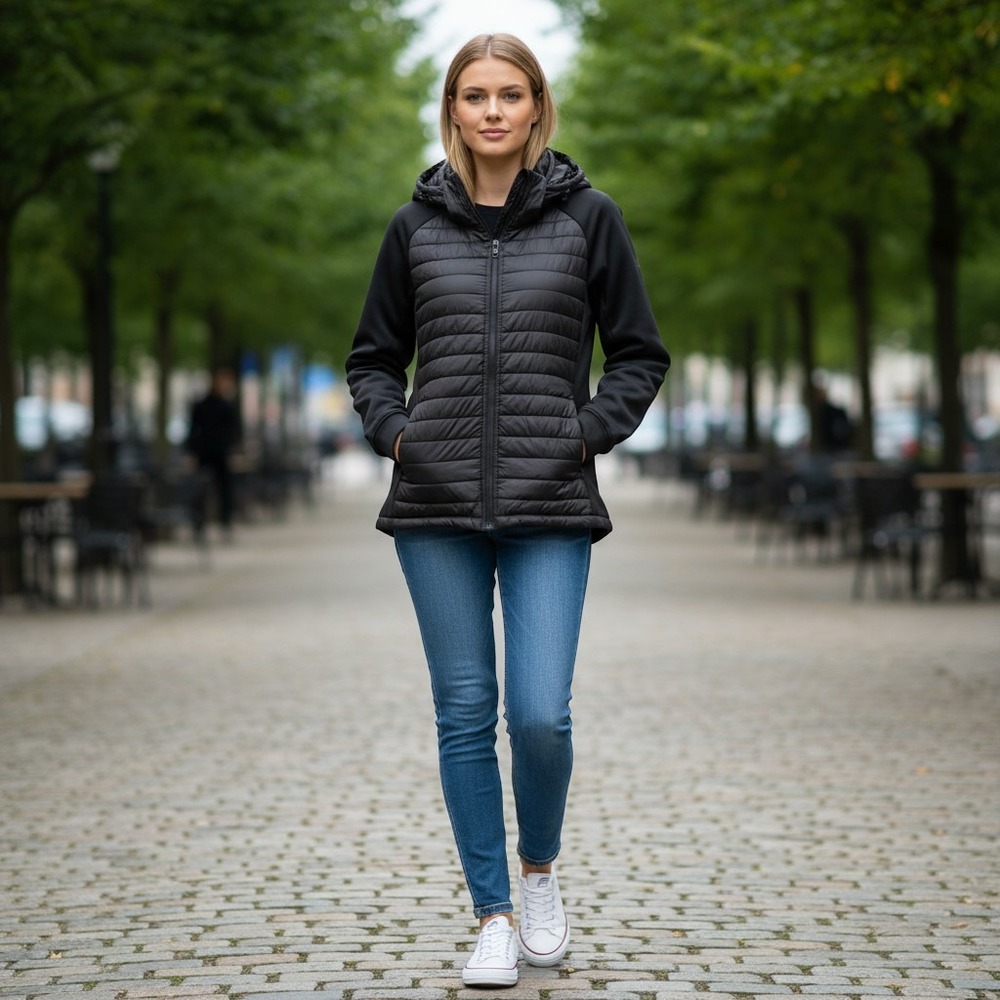 Baleaf woman Hybrid Quilted Puffer Softshell Hooded Running Jacket Large